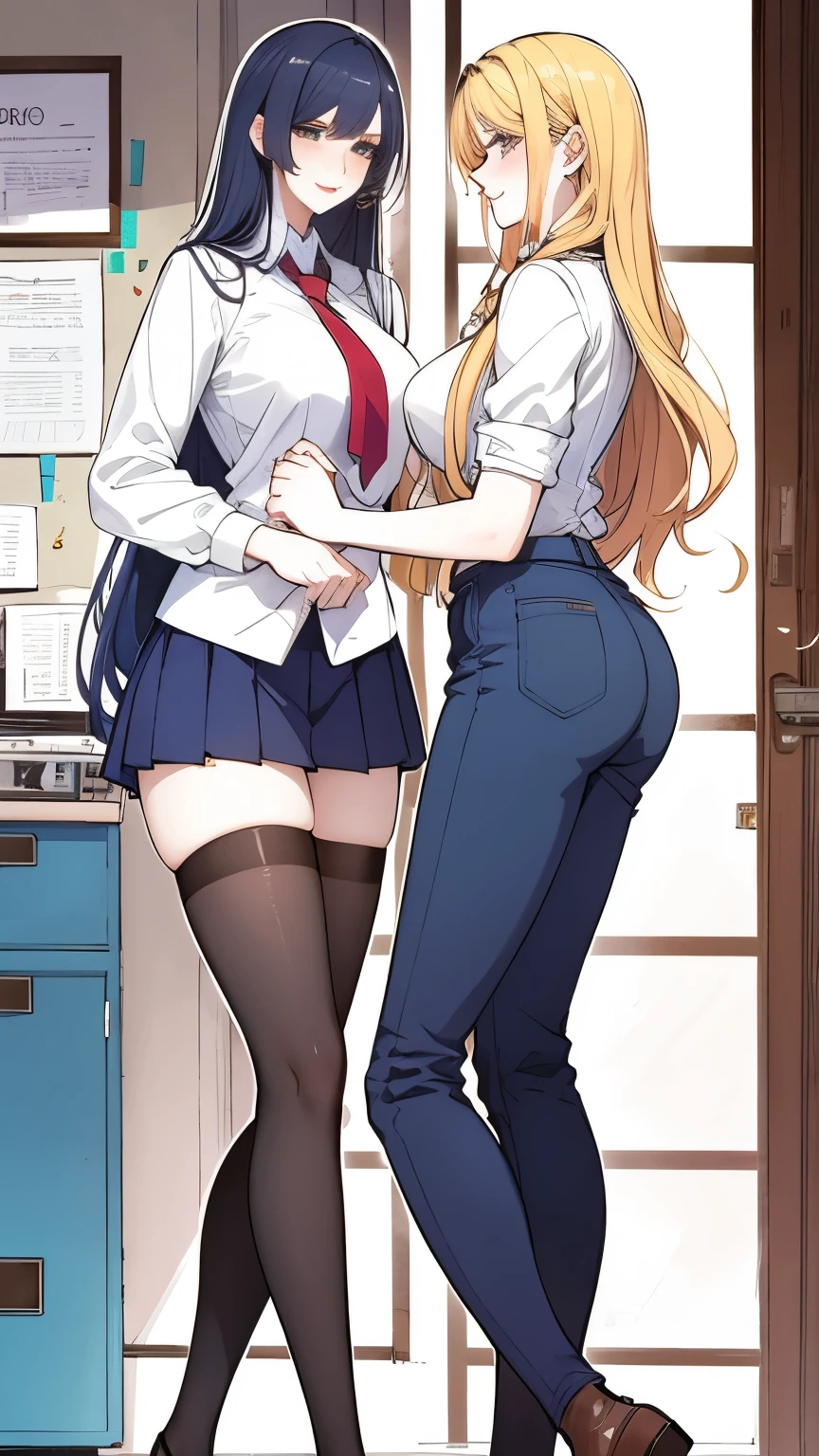 a romantic couple of two tall, slim, beautiful female high school students in school uniforms, intimate lovers, close friends, classmates