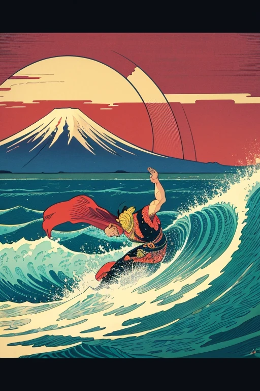 detailed Japanese woodblock print style ukiyoe wave, big surfer riding giant waves, big kabuki theater performer, one red dragon flying in sky, Mt.Fuji in background, vibrant colors, dynamic composition, traditional Japanese aesthetic, (best quality,4k,8k,highres,masterpiece:1.2),ultra-detailed,(realistic,photorealistic,photo-realistic:1.37),dynamic action pose,dramatic lighting,intricate details,vibrant colors,traditional Japanese ukiyo-e art style