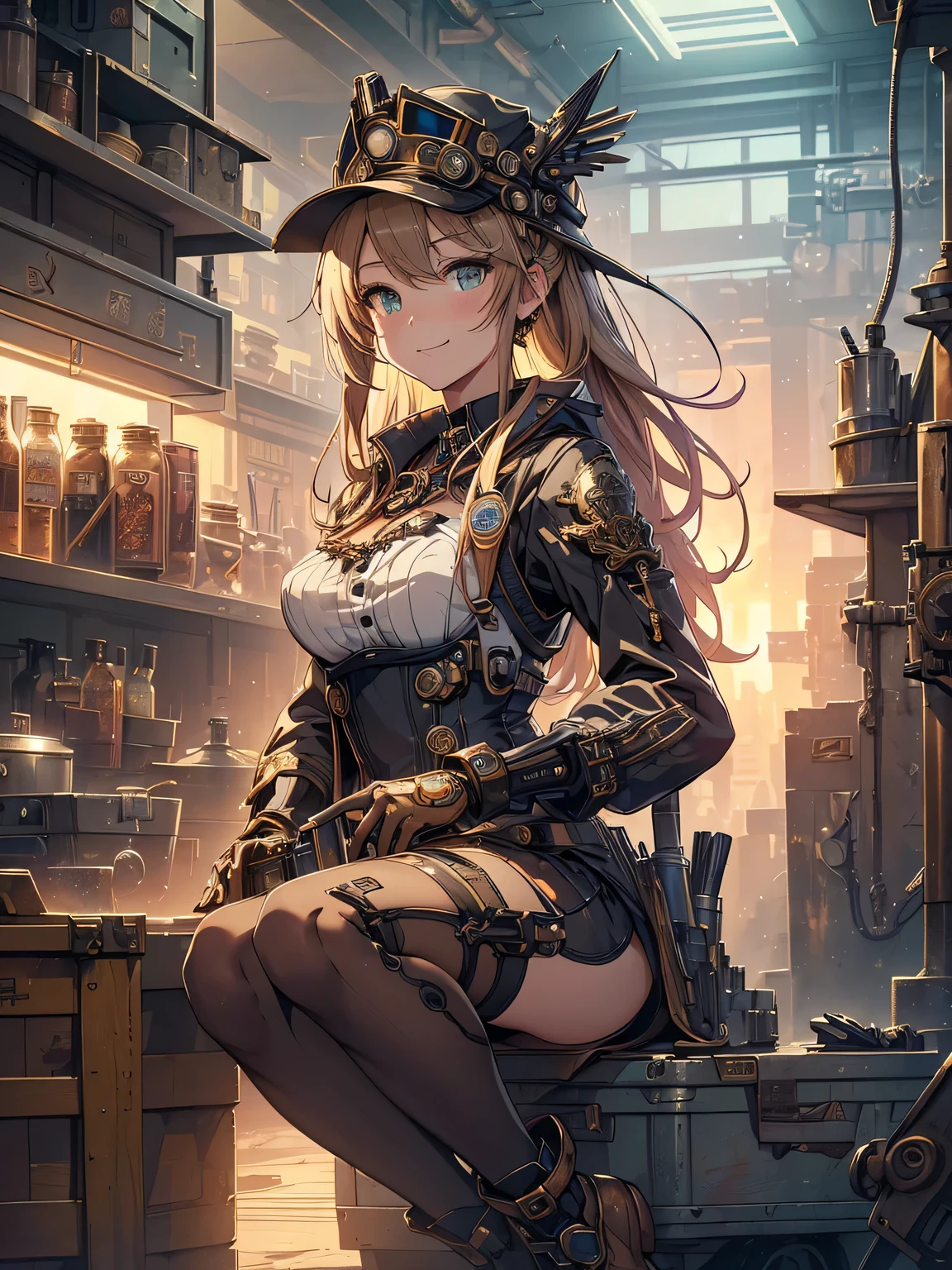 (Line art_anime),(full body, highest quality, ),(Laura Budd Photos:1.2),(Laura Add details:1.0),8k, Flat Color:0.8,1 girl,smile,(Highly decorative and complex mechanical steampunk fashion, Lace flare dolphin hat、goggles、(Sitting on a toolbox drinking coffee)、machinery background、Gear background、An elaborately mechanized steampunk cityscape 1.5)