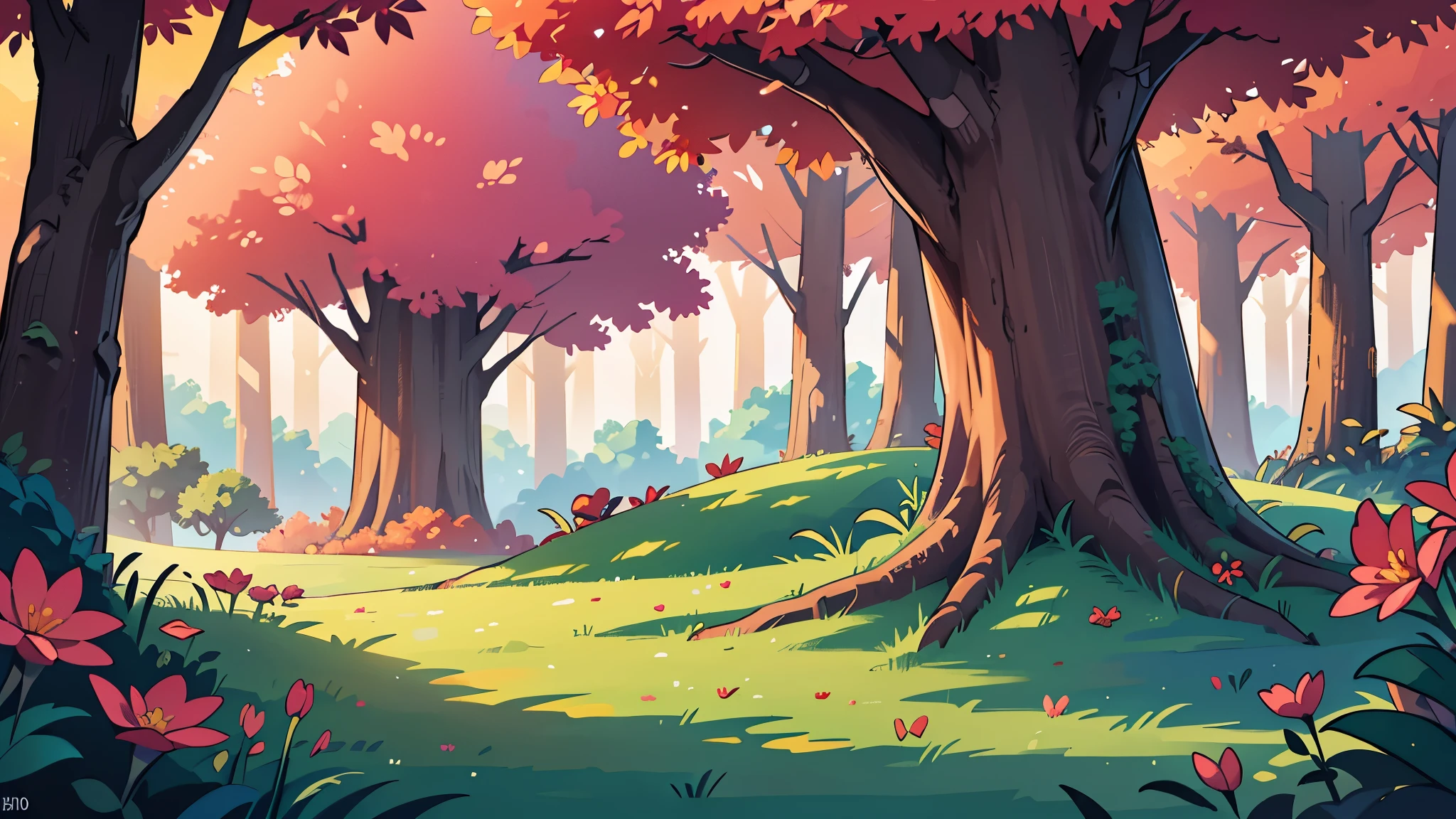 4k ultra HD, twilight sun setting landscape, very detailed, perfect lighting, a beautiful forest purple, orange, pink trees, red flowers growing in clusters of 3 in the lush green grass, a giant tree you can only see the massive trunk of in the distance