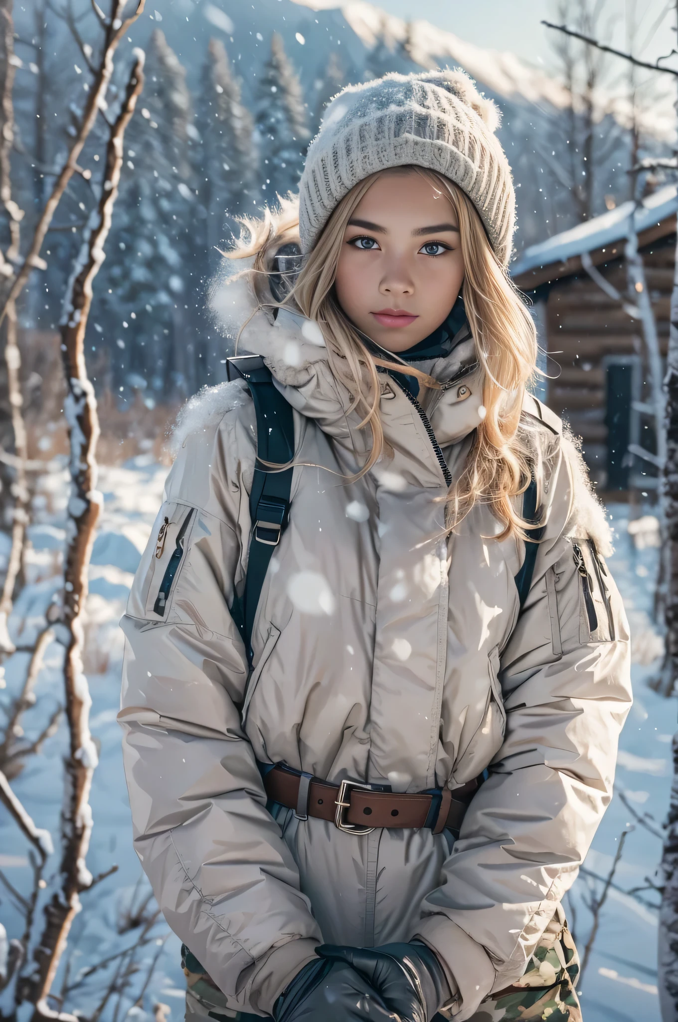 by Bojan Jevtic, Michael Borremans, Vector Art, RAW photo,close up of a strong yo eurasian military girl. military snow outfit,  in a snow scenery in front of a log cabin. white snow camouflage clothes of better quality and better effects better shadows better lighting 8k American woman, short blonde hair, blue eyes, beautiful face, perfect body, 
alluring, Thoughtful Pose, Land Art, Ilford HP5+ 400, F/5, perfect skin, Smooth Skin,Full Body,Bold, Brilliant Dim Background Light, harsh side lighting, deep dark shadows, HDR, sharp and in focus,8k, Visual novel, Brilliant Masterpiece, sad smile, hair up, colour,  low key lighting