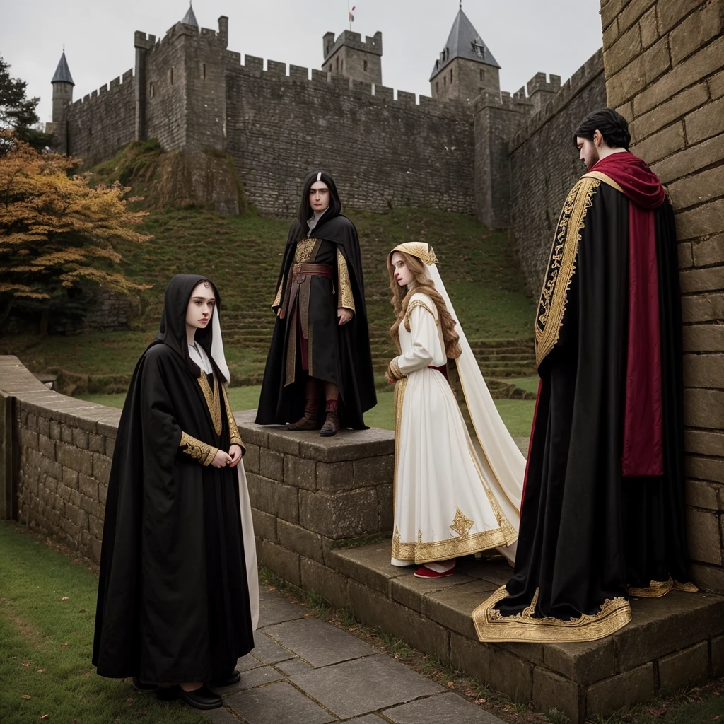 A black-haired girl with white skin, big red lips, a black cloak with golden embroidery, and an elf man with long golden hair, a black robe up to his knees, who is leaning against the castle wall and looking at the girl from behind, and the air is dark.