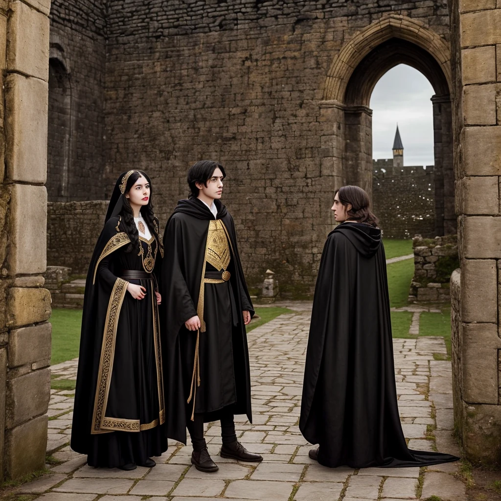 A black-haired girl with white skin, big red lips, a black cloak with golden embroidery, and an elf man with long golden hair, a black robe up to his knees, who is leaning against the castle wall and looking at the girl from behind, and the air is dark.