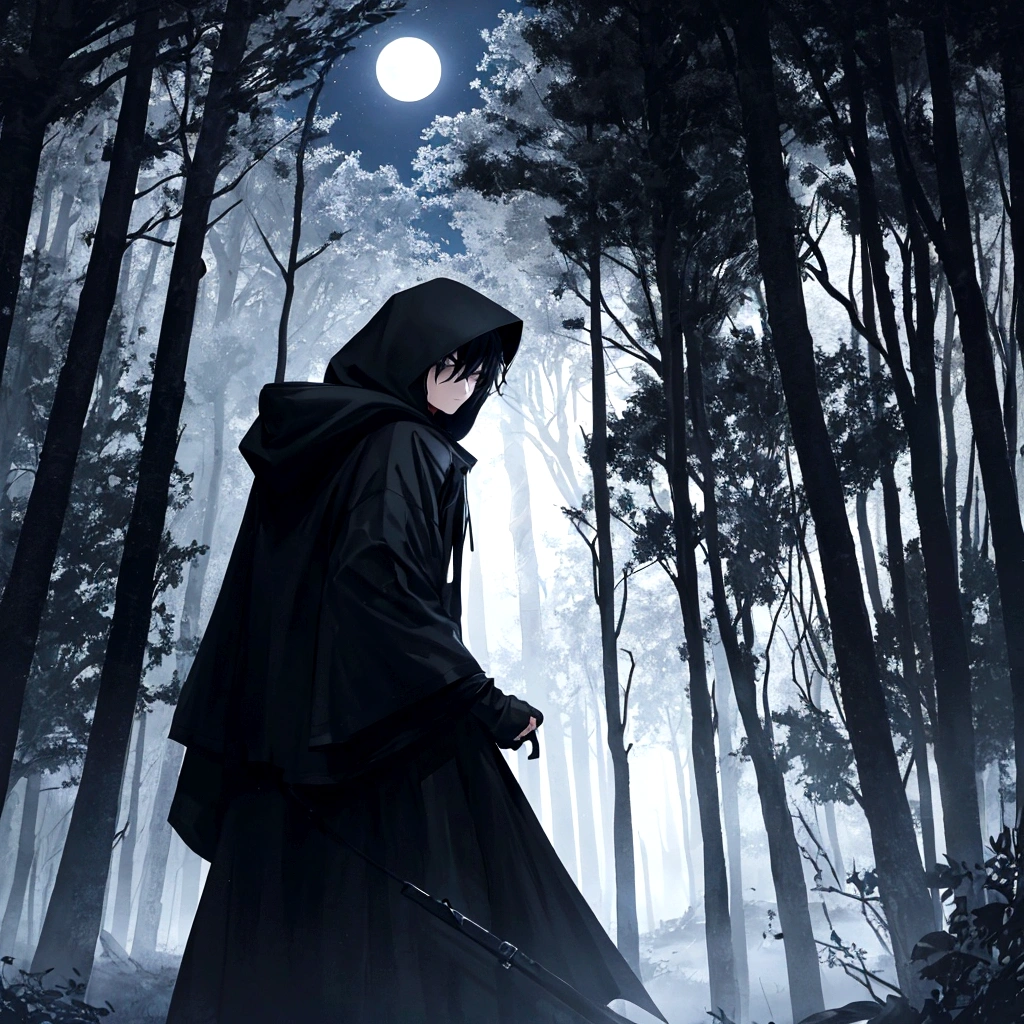 ((((Dark and moody, 1 boy), (black hair), (hood up), (black hood, dark mask:0.8), ((full body), dark clothes, contrast with black)), (background), moon:0.7, (trees, nighttime, forest:0.9), (midnight blue sky), ((highlighted by stars)), (standing), looking down, (( serious expression)), (wispy fog), mystery, stealth, umbranox, assassin, dark, mysterious:1.0)
