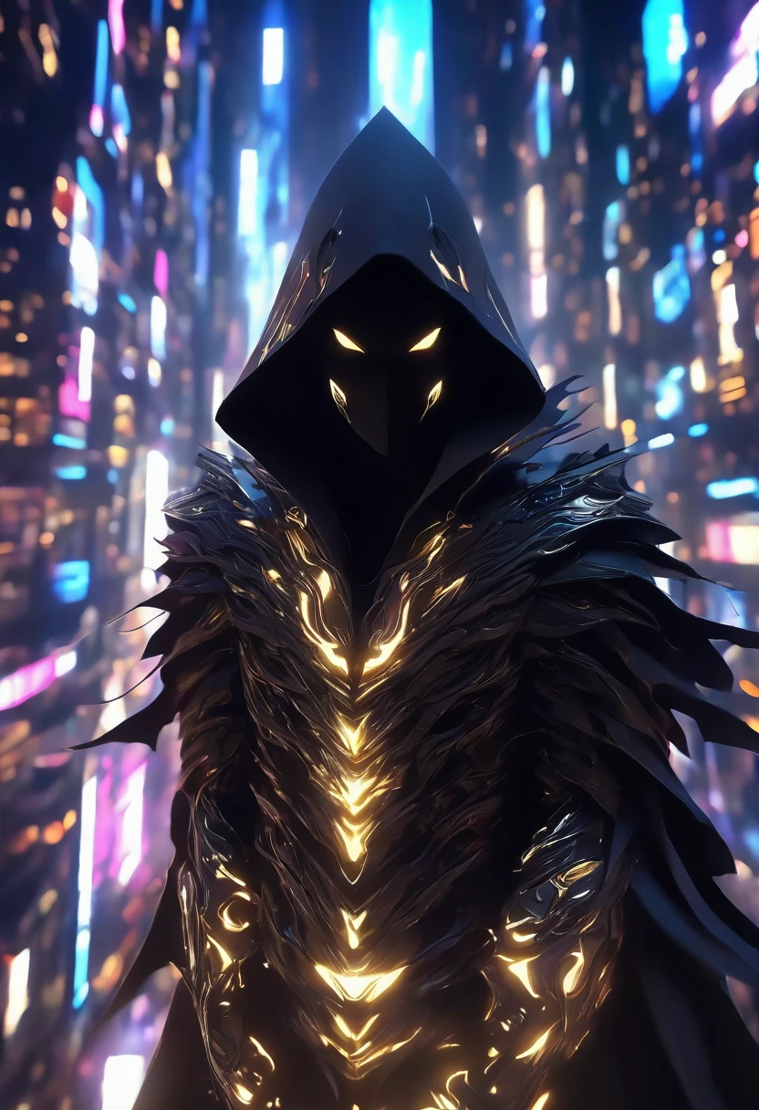 a man in a hooded futuristic outfit, standing on a ledge, observing a futuristic city at night, dark cityscape with bright lights, (best quality,4k,8k,highres,masterpiece:1.2),ultra-detailed,(realistic,photorealistic,photo-realistic:1.37),cinematic lighting,dramatic shadows,moody atmosphere,intricate details,glowing city lights,advanced technology,retrofuturistic architecture,dynamic pose,hood casting shadow on face,intense gaze