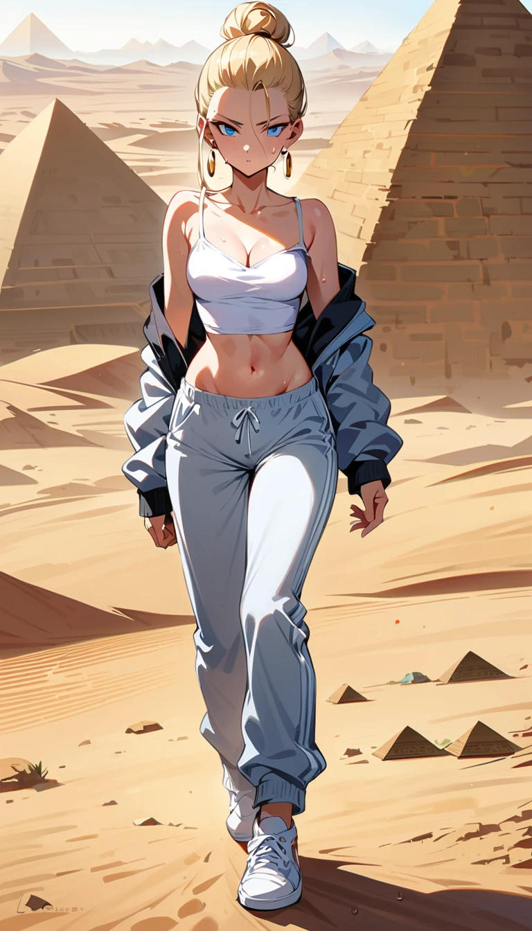 (masterpiece, best quality:1.2), full body, solo, Android 18 from Dragon Ball, (light gray top), ((white slip-on crop top)), ((long sweatpants)), ((light gray sweatpants)), (gray hooded jacket), thighs, midriff, small breasts, sweat, blonde hair, (single hair bun), ((blue eyes)), earrings on earlobes, slender feminine figure, narrow waistline, skinny body, long legs, Egypt, walking across desert, large pyramid, daytime, clear sunny sky, sweating, cleavage, off shoulder, magnificent view, blur background, 4K