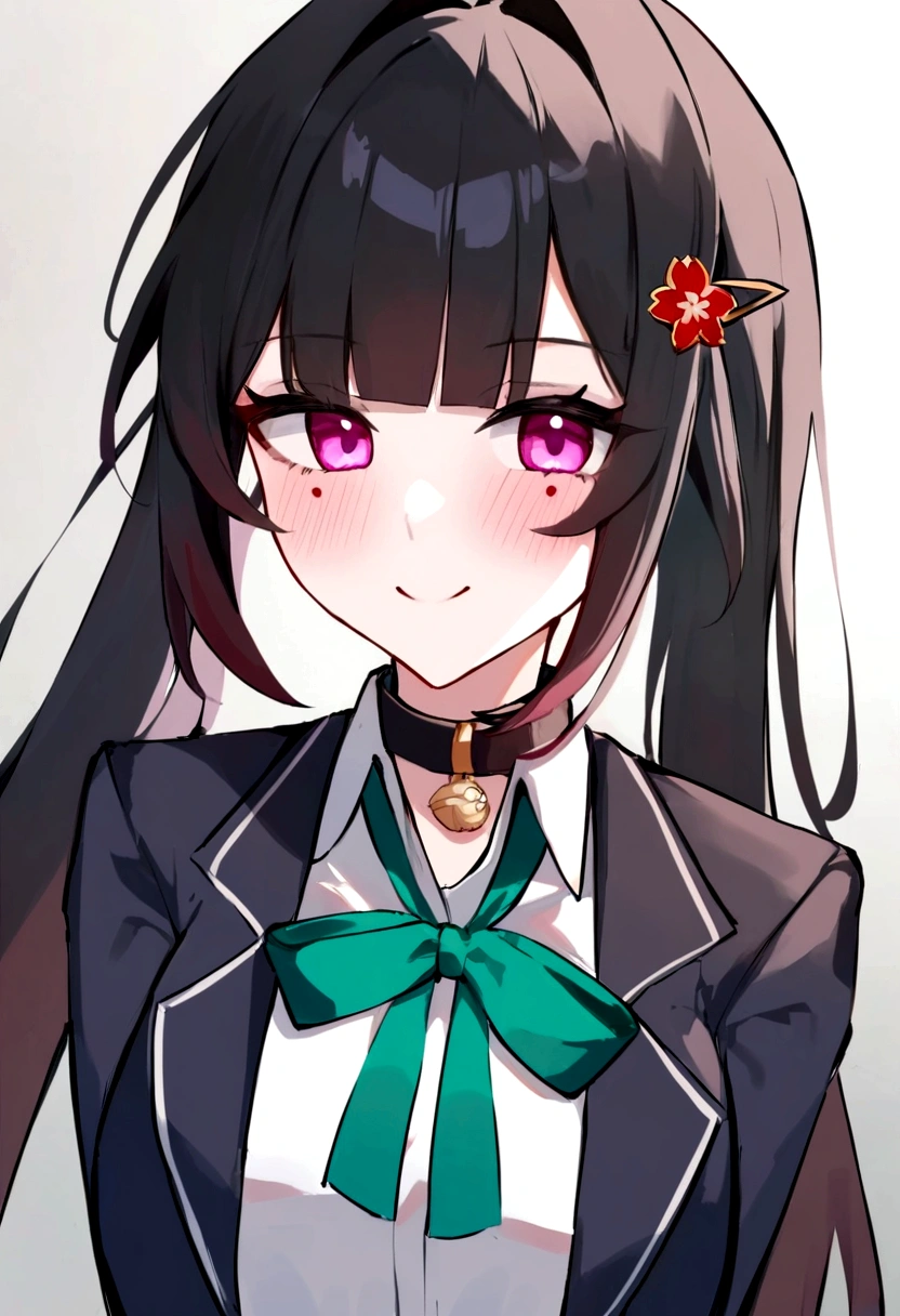 masterpiece, highest quality,blazer, arms_in_side, One girl, Looking_in_Audience, white_background, honkai_(series), Simple_background, shirt, head_ribbon, Shine_(honkai:_star_rail), Open_Jacket, green_ribbon, Side Lock, upper_body, With collar_shirt, smile, hair_ornament, hair_Intake, honkai:_star_rail, ribbon, Jacket, black_Jacket, Closed_mouth, blush, Open_Clothes, School_uniform, 一人in, hairclip