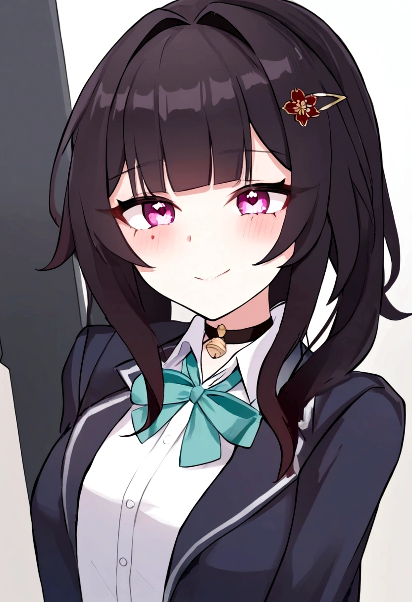 masterpiece, highest quality,blazer, arms_in_side, One girl, Looking_in_Audience, white_background, honkai_(series), Simple_background, shirt, head_ribbon, Shine_(honkai:_star_rail), Open_Jacket, green_ribbon, Side Lock, upper_body, With collar_shirt, smile, hair_ornament, hair_Intake, honkai:_star_rail, ribbon, Jacket, black_Jacket, Closed_mouth, blush, Open_Clothes, School_uniform, 一人in, hairclip