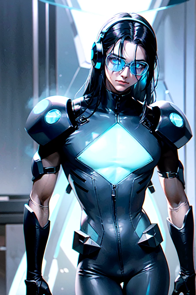a guy, dark blue hair, crystal blue eyes, tall and quiet fit, bright blue futuristic looking veins on the forearms and hands, futuristic glasses holographic panel infront of the eyes looking like a headset, wearing sleeveless jacket, baggy pants, long boots, neon patterns, futuristic glasses, sci-fi, hightech, glowing blue veins, light skin, a cube hovering over palm, upper body only, male, boy, guy, handsome