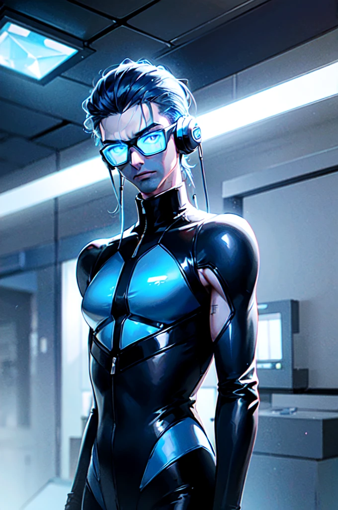 a guy, dark blue hair, crystal blue eyes, tall and quiet fit, bright blue futuristic looking veins on the forearms and hands, futuristic glasses holographic panel infront of the eyes looking like a headset, wearing sleeveless jacket, baggy pants, long boots, neon patterns, futuristic glasses, sci-fi, hightech, glowing blue veins, light skin, a cube hovering over palm, upper body only, male, boy, guy, handsome