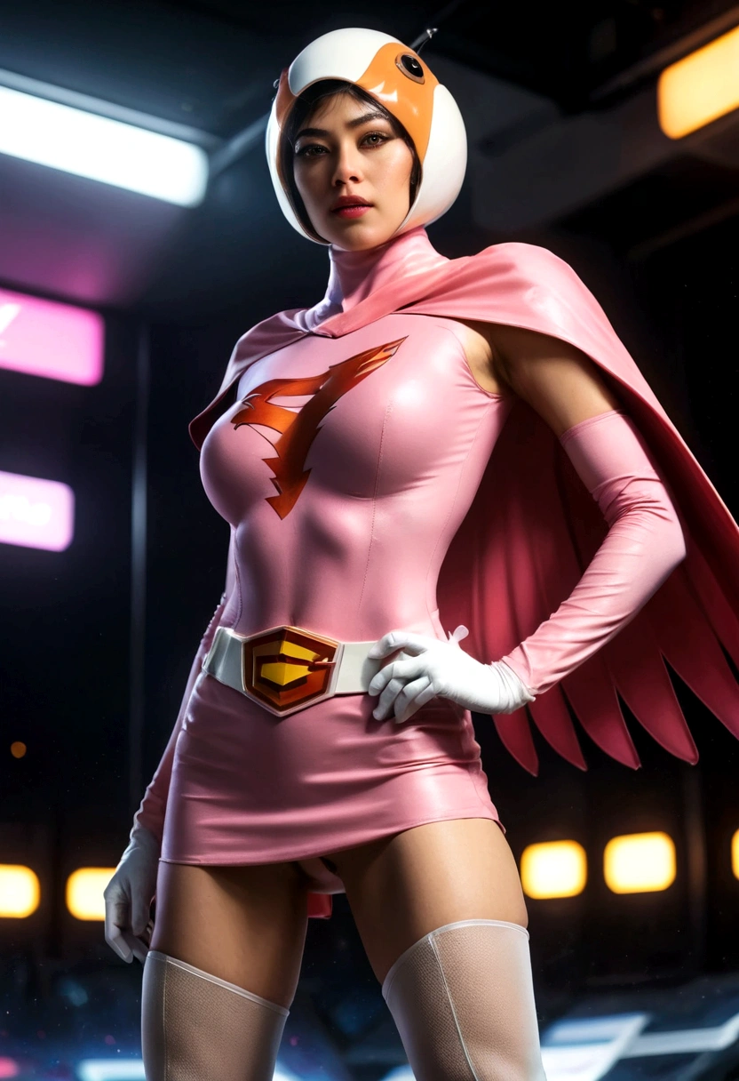 A girl in pink Gatchaman costume, long boots, long gloves, standing, one leg up, detailed face, H3JTS, giga_busty, best quality, 4k, 8k, highres, masterpiece:1.2, ultra-detailed, realistic, photorealistic, photo-realistic:1.37, HDR, UHD, studio lighting, ultra-fine painting, sharp focus, physically-based rendering, extreme detail description, professional, vivid colors, bokeh, concept art