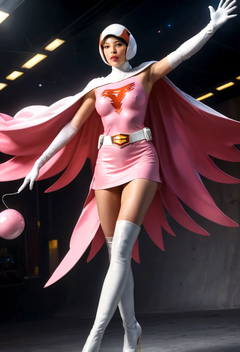 A girl in pink Gatchaman costume, long boots, long gloves, standing, one leg up, detailed face, H3JTS, giga_busty, best quality, 4k, 8k, highres, masterpiece:1.2, ultra-detailed, realistic, photorealistic, photo-realistic:1.37, HDR, UHD, studio lighting, ultra-fine painting, sharp focus, physically-based rendering, extreme detail description, professional, vivid colors, bokeh, concept art