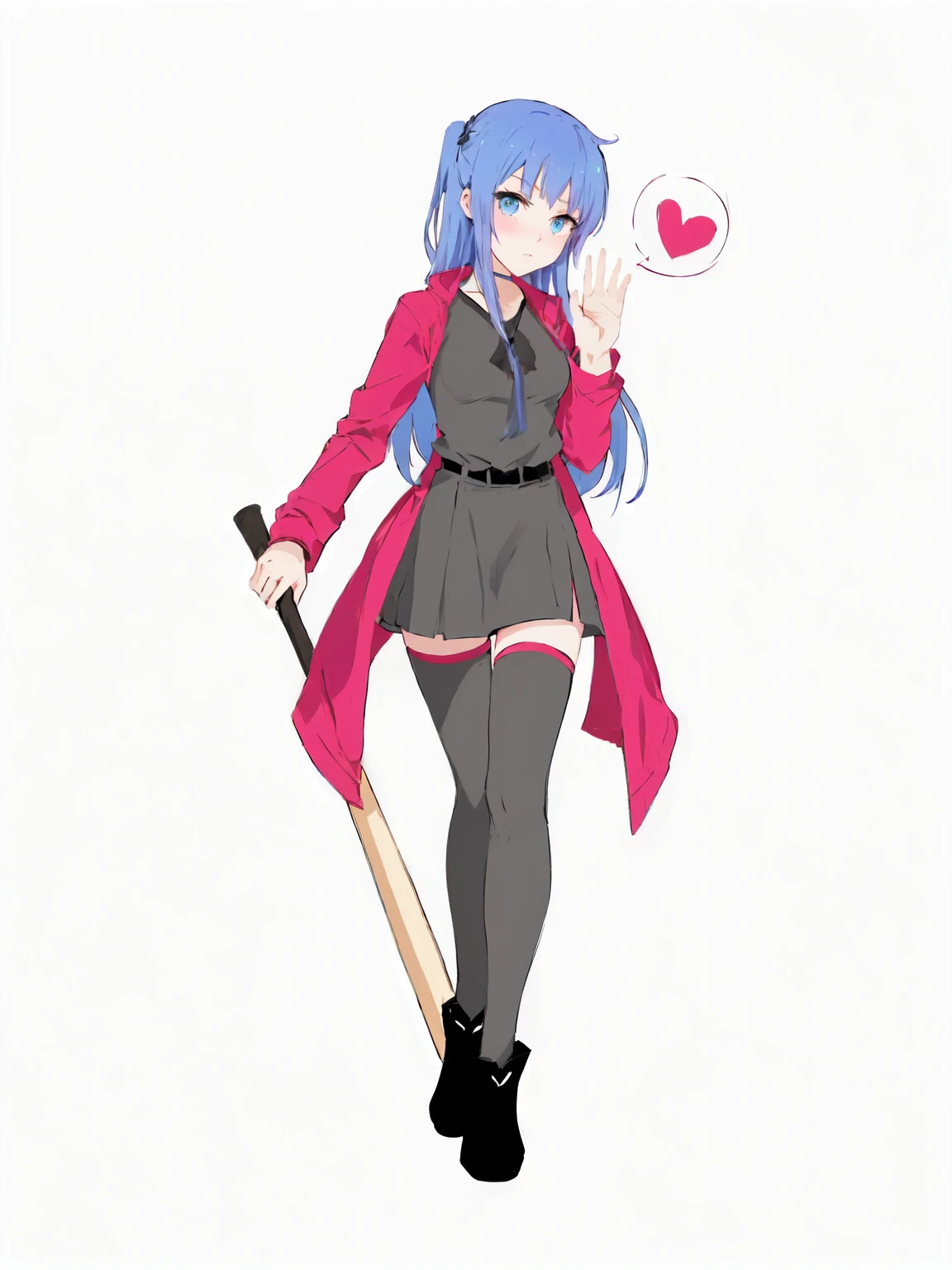 anime girl with blue hair and a pink coat holding a baseball bat, yandere. high, gapmoe yandere, yandere, anime Mo artstyle, 2 d anime style, gapmoe yandere grimdark, Marine Kitagawa Fanart, holding a baseball bat!!, 2 d anime, with an axe, Cushart Kenz, Cushart wreath, the right hands, 