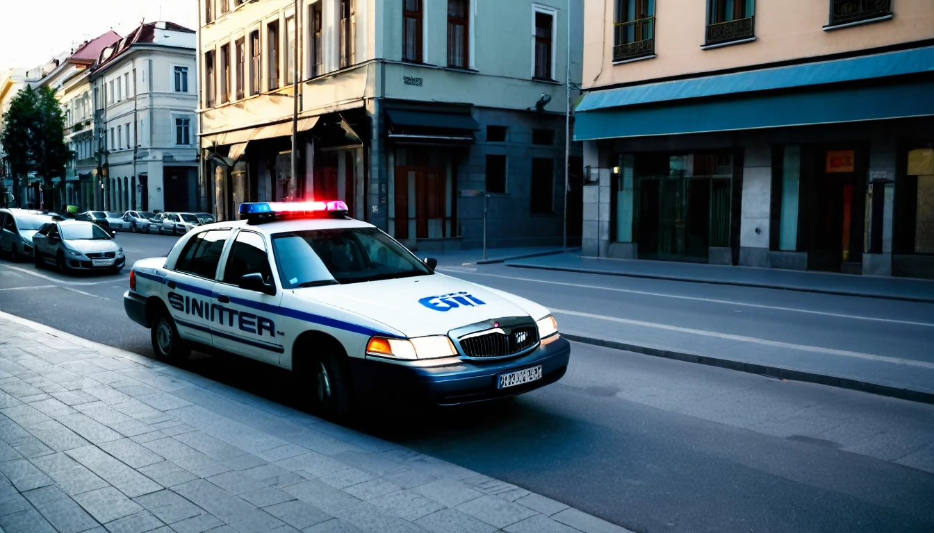 police car parked, close to the sidewalk, city center, no people on the street, late afternoon, sinister atmosphere