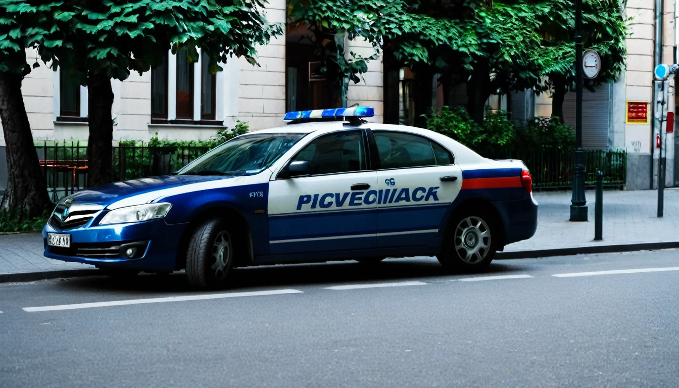 police car parked, close to the sidewalk, city center, no people on the street, late afternoon, sinister atmosphere