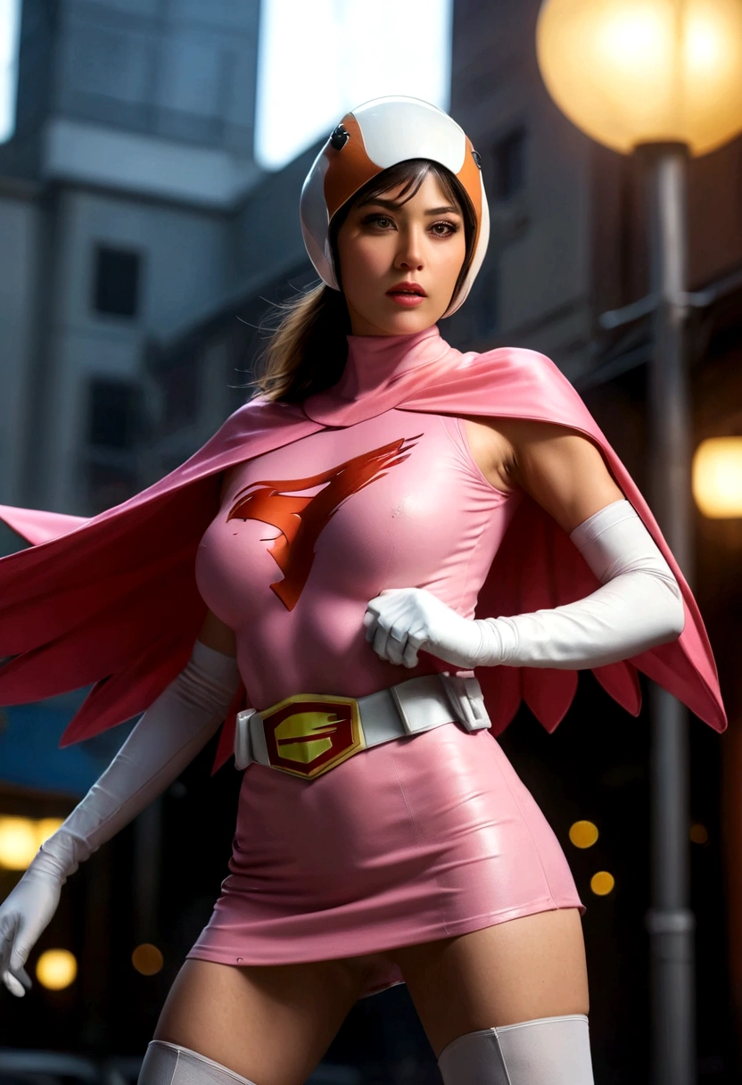 A girl in pink Gatchaman costume, long boots, long gloves, standing, one leg up, detailed face, H3JTS, giga_busty, best quality, 4k, 8k, highres, masterpiece:1.2, ultra-detailed, realistic, photorealistic, photo-realistic:1.37, HDR, UHD, studio lighting, ultra-fine painting, sharp focus, physically-based rendering, extreme detail description, professional, vivid colors, bokeh, concept art