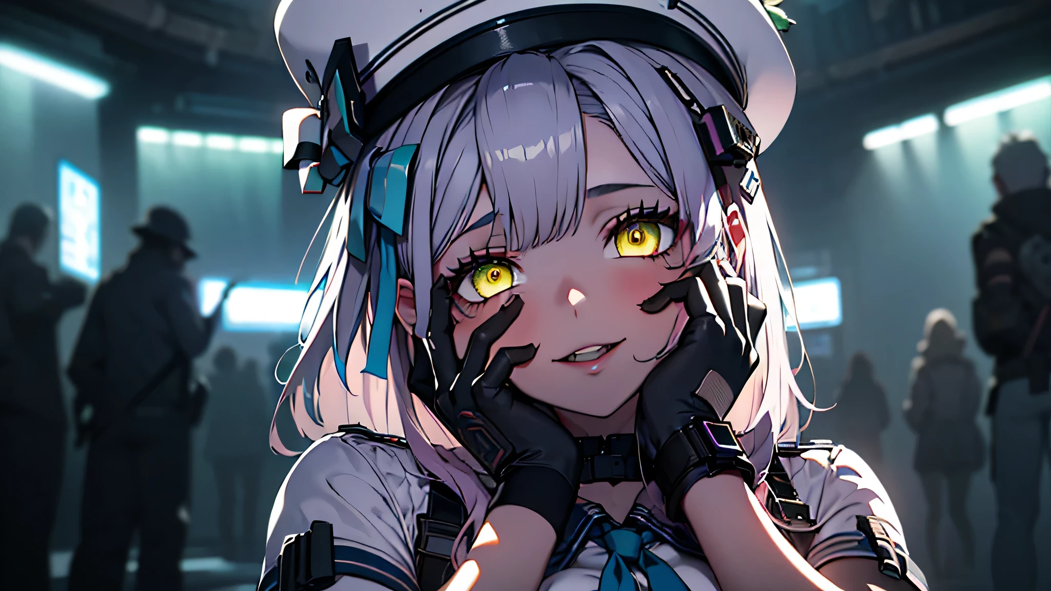 ((Best quality)), ((masterpiece)), (detailed:1.4), 3D, an image of a beautiful cyberpunk female, Yandere , Yandere Face , Trance , Trance Eyes , yameroyandere , constricted pupils , yandere , empty eyes . shaded face , crazy eyes , glowing yellow eyes , crazy smile , neonfx, neon_valorant, 1girl, solo, looking at viewer, yellow eyes,long silver pink  hair, shoulder length hair , white barret hat , gloves, navel, bare midriff,  multicolored hair, parted lips, black gloves, belt, pants, hand on hip, floating hair, bandaid, bandaid on face, electricity, animification, bandaid on nose, large breasts, HDR (High Dynamic Range),Ray Tracing,NVIDIA RTX,Super-Resolution,Unreal 5,Subsurface scattering,PBR Texturing,Post-processing,Anisotropic Filtering,Depth-of-field,Maximum clarity and sharpness,Multi-layered textures,Albedo and Specular maps,Surface shading,Accurate simulation of light-material interaction,Perfect proportions,Octane Render,Two-tone lighting,Wide aperture,Low ISO,White balance,Rule of thirds,8K RAW,