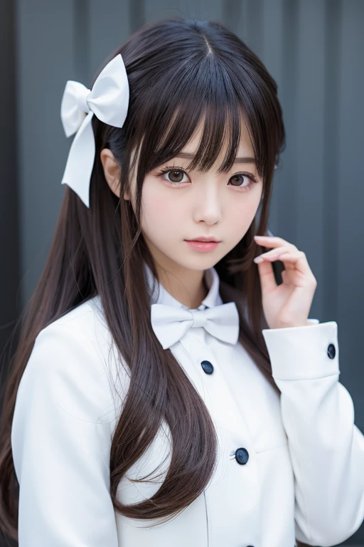 There is a woman with long hair wearing a white jacket and a bow tie., Korean Girls, Realistic young anime girl, Chinese Girl, Real life anime girls, Long Hair Anime Girl, Shirahime cut hairstyle, Cute natural anime face, Realistic Anime 3D Style, Beautiful Anime Girls, With a cute - lovely - face, Beautiful anime portraits, Beautiful Korean Women）