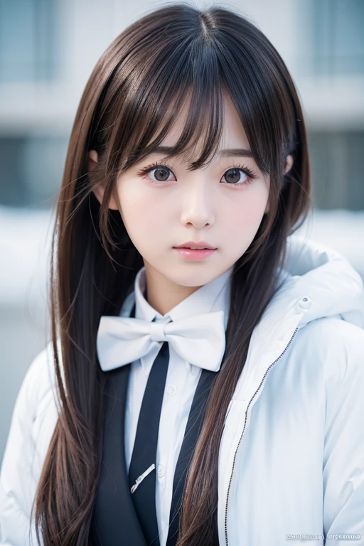 There is a woman with long hair wearing a white jacket and a bow tie., Korean Girls, Realistic young anime girl, Chinese Girl, Real life anime girls, Long Hair Anime Girl, Shirahime cut hairstyle, Cute natural anime face, Realistic Anime 3D Style, Beautiful Anime Girls, With a cute - lovely - face, Beautiful anime portraits, Beautiful Korean Women)