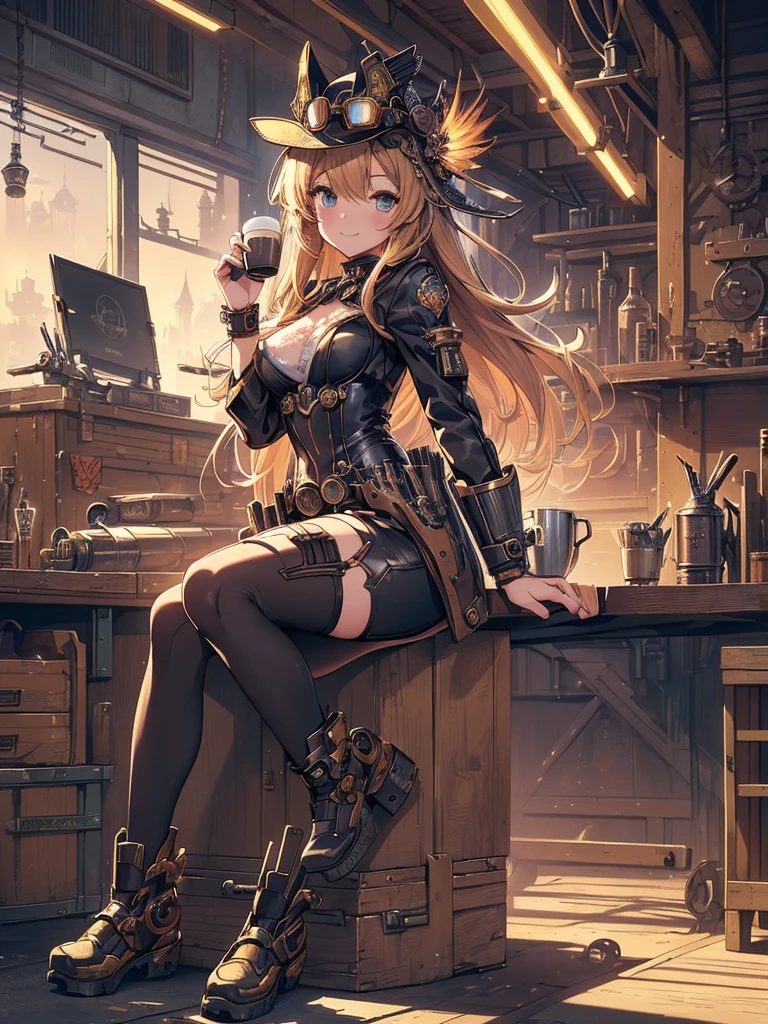 (Line art_anime),(full body, highest quality, ),(Laura Budd Photos:1.2),(Laura Add details:1.0),8k, Flat Color:0.8,1 girl,smile,(Highly decorative and complex mechanical steampunk fashion, Lace flare dolphin hat、goggles、(Sitting on a toolbox drinking coffee)、machinery background、Gear background、An elaborately mechanized steampunk cityscape 1.5)