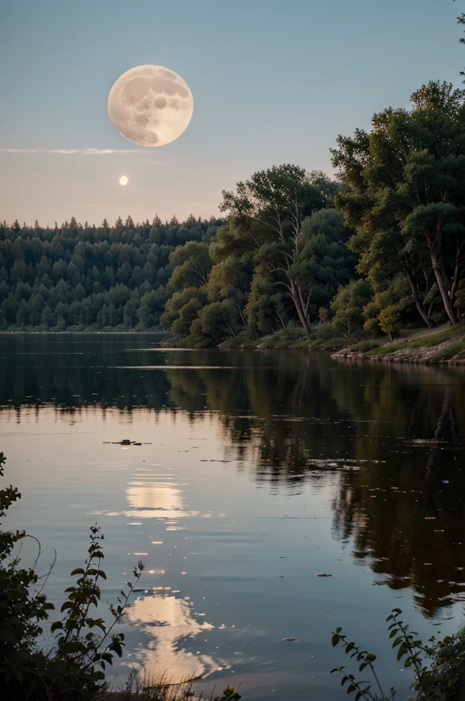 A lake with Very big full moon