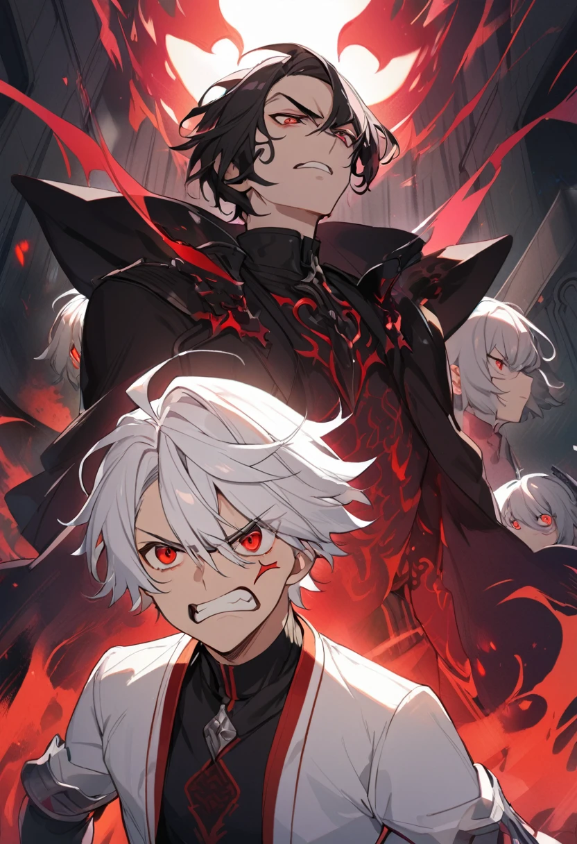1 children, handsome, dark aura, angry, red eyes, white hair, short hair