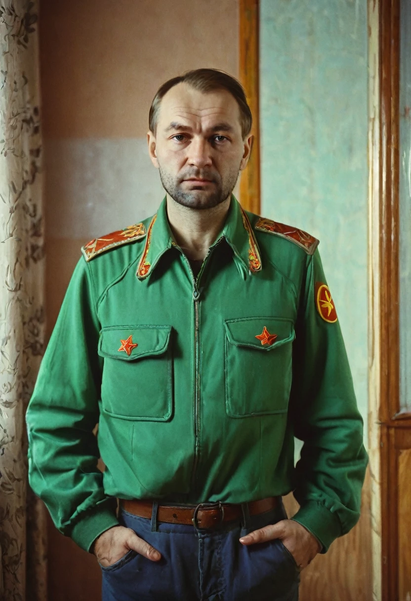 Color photo in the style of the USSR 1980, portrait. man 40 years old, fa background of a USSR apartment in the 1980s. sad