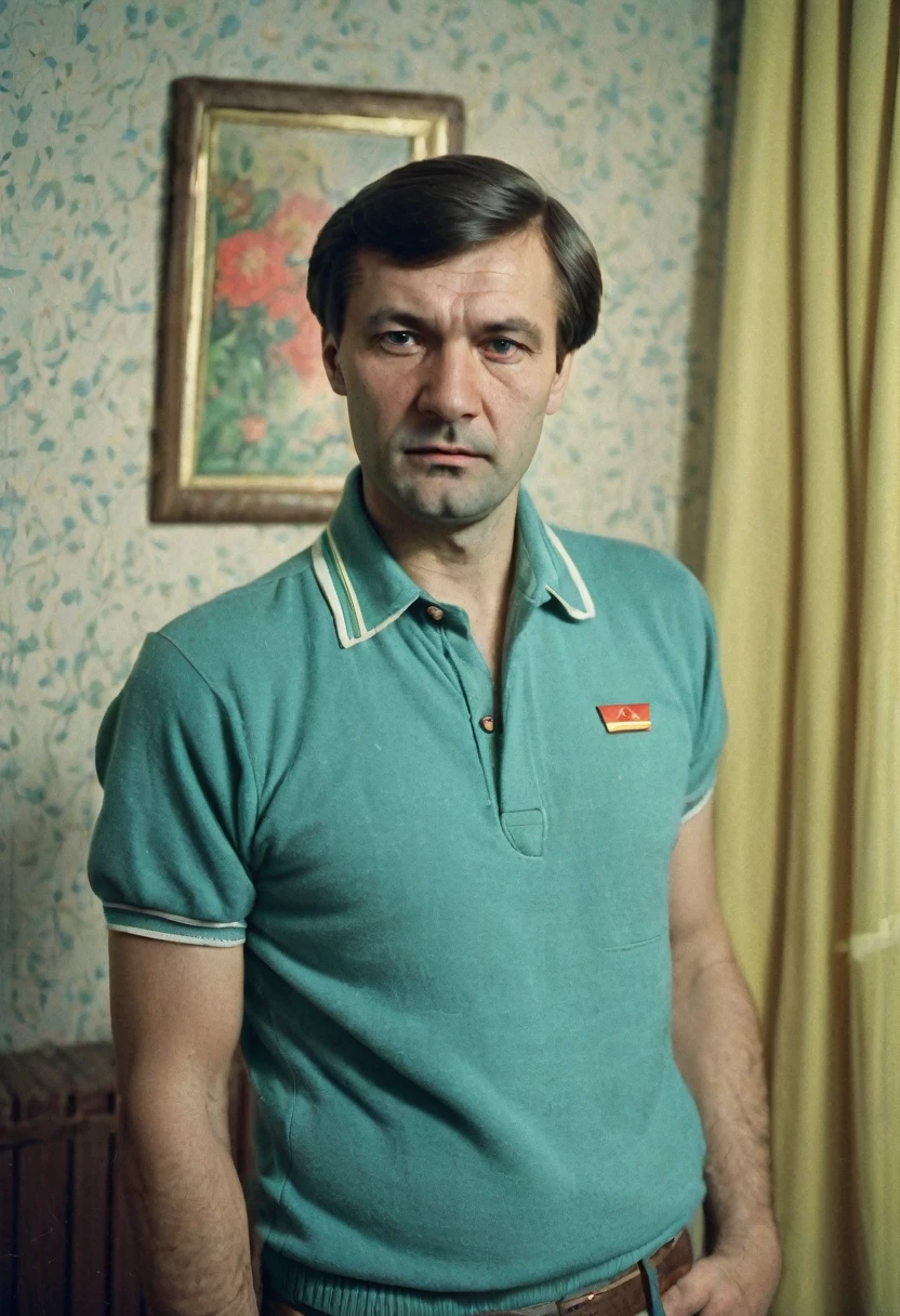 Color photo in the style of the USSR 1980, portrait. man 40 years old, fa background of a USSR apartment in the 1980s. sad