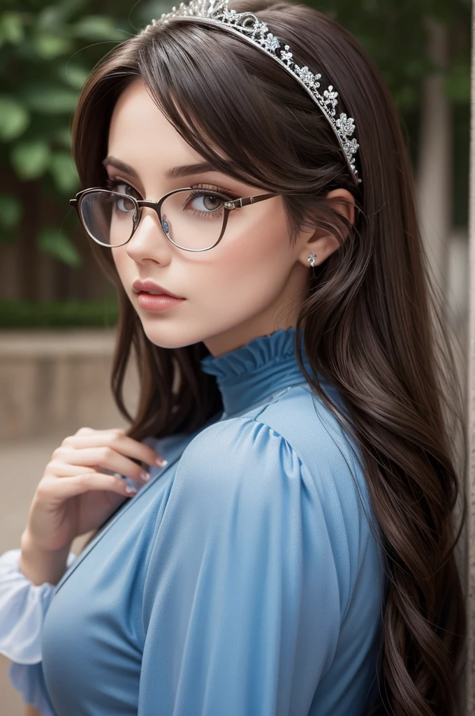 Create for me a brunette version of Cinderella, do cabelo lisos preto, com uma franja e amarrado atras, de oculos e corpuda 
