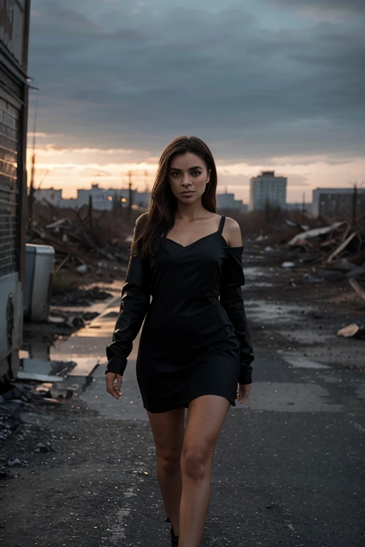 A cinematic shot of a brunette model wearing a black dress as she confidently walks through a desolate and dark post-apocalyptic cityscape, capturing the stark juxtaposition of beauty and decay, with the model's flawless skin shining like a beacon of hope amidst the devastated cityscape. photographed with a shallow depth of field to blur the gloomy surroundings, emphasizing her striking and rebellious pose. Full Body, Golden Hour