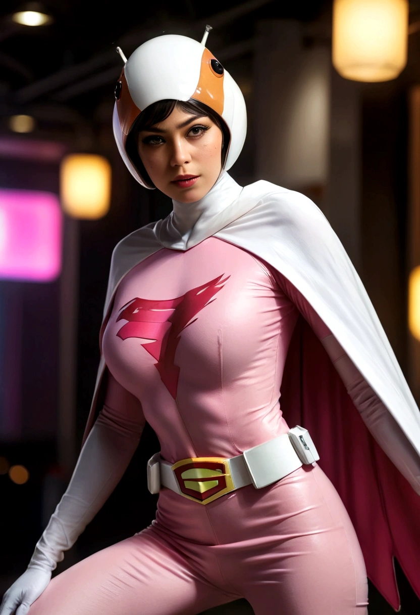 A girl in pink Gatchaman costume, long boots, long gloves, standing, one leg up, detailed face, H3JTS, giga_busty, best quality, 4k, 8k, highres, masterpiece:1.2, ultra-detailed, realistic, photorealistic, photo-realistic:1.37, HDR, UHD, studio lighting, ultra-fine painting, sharp focus, physically-based rendering, extreme detail description, professional, vivid colors, bokeh, concept art