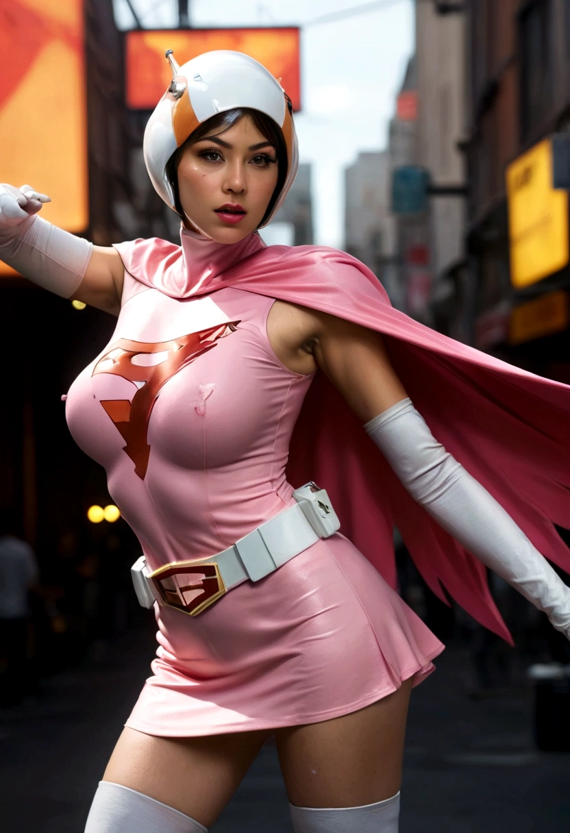 A girl in pink Gatchaman costume, long boots, long gloves, standing, one leg up, detailed face, H3JTS, giga_busty, best quality, 4k, 8k, highres, masterpiece:1.2, ultra-detailed, realistic, photorealistic, photo-realistic:1.37, HDR, UHD, studio lighting, ultra-fine painting, sharp focus, physically-based rendering, extreme detail description, professional, vivid colors, bokeh, concept art