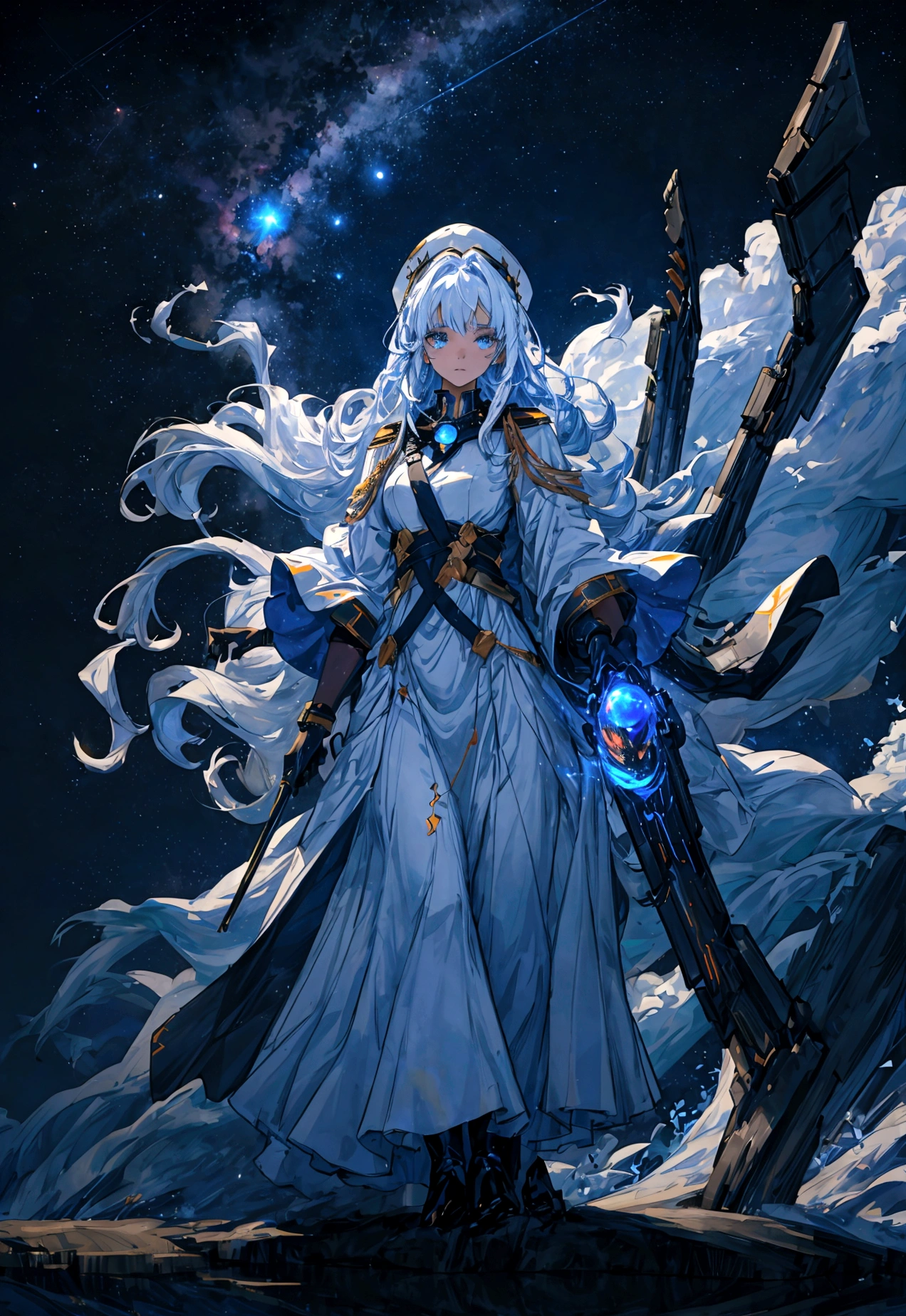 Picture a scene steeped in the depths of space science fiction warfare, where a female commander emerges as the embodiment of resilience and command. Her presence is striking, with white hair that cascades like a cosmic waterfall, tinged with a subtle shade of blue, reminiscent of the distant nebulas. She stands boldly in the midst of an interstellar conflict, her advanced uniform pristine and decorated with the emblems of her esteemed position. The commander’s hat she wears is not just a piece of attire but a symbol of her earned authority. Clutched in her grasp is a mystical sword, its blade alight with an ethereal flame that whispers of ancient power and forgotten lore. As she raises the sword, it seems to resonate with the energy of the cosmos itself. Behind her, the theater of war is set against the breathtaking backdrop of a binary star system, its twin suns weaving a dance of light and gravity that illuminates the void. Their connection forges a radiant arc across the sky, a bridge between worlds and a beacon in the tumultuous dark. This image seeks to capture the commander’s indomitable spirit, the fierce beauty of her unique appearance, and the grandeur of the universe that serves as the stage for this epic saga