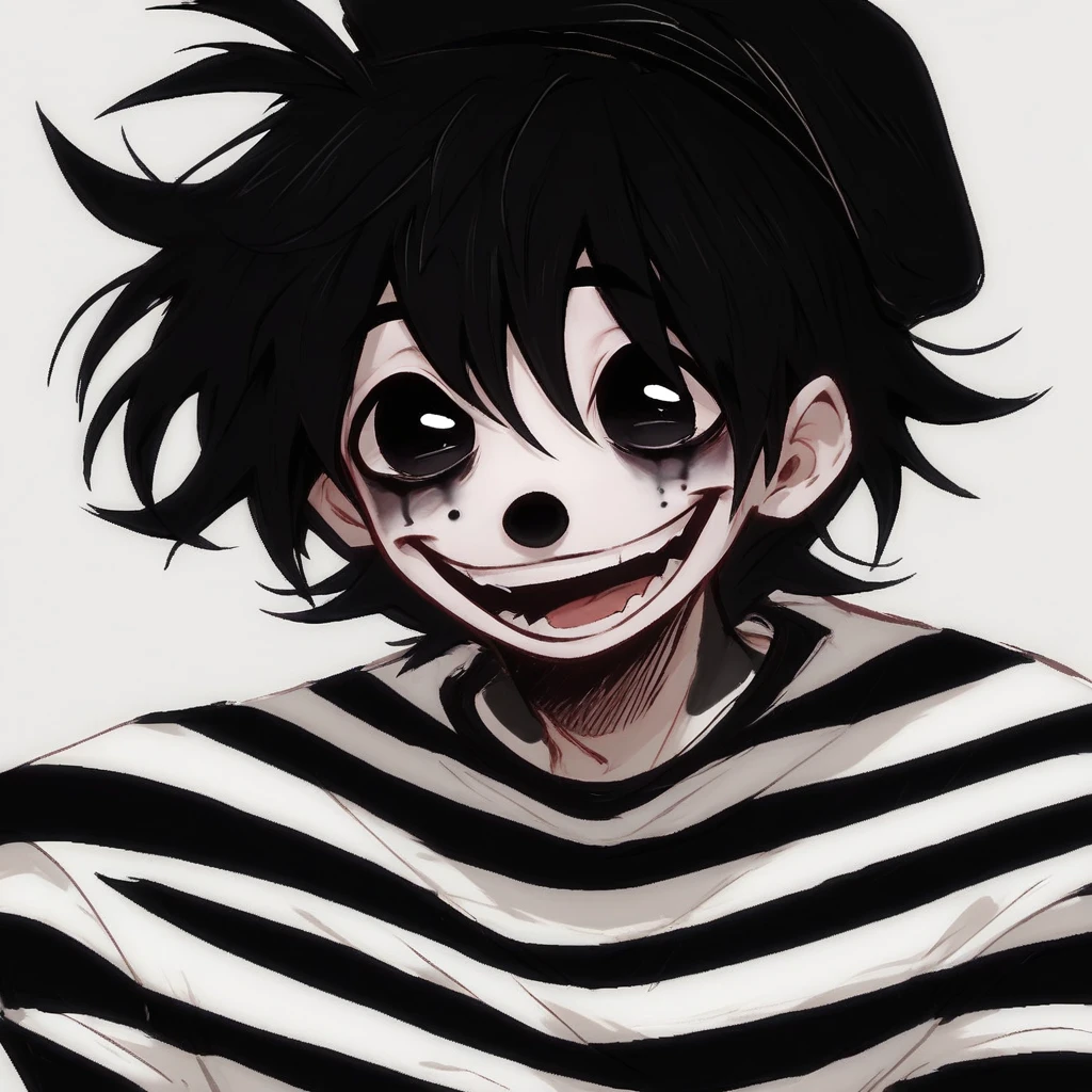 boy, shirt grunge, sketchy lines, messy hair, black hair, wearing a beret, black pupils, score_8_up, score_9_up,happy, goofy look on his face, has mime makeup on, wearing a mime outfit