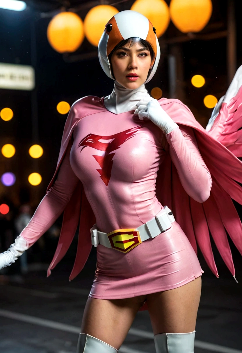 A girl in pink Gatchaman costume, long boots, long gloves,  standing, one leg up, detailed face, H3JTS, giga_busty, best quality, 4k, 8k, highres, masterpiece:1.2, ultra-detailed, realistic, photorealistic, photo-realistic:1.37, HDR, UHD, studio lighting, ultra-fine painting, sharp focus, physically-based rendering, extreme detail description, professional, vivid colors, bokeh, concept art