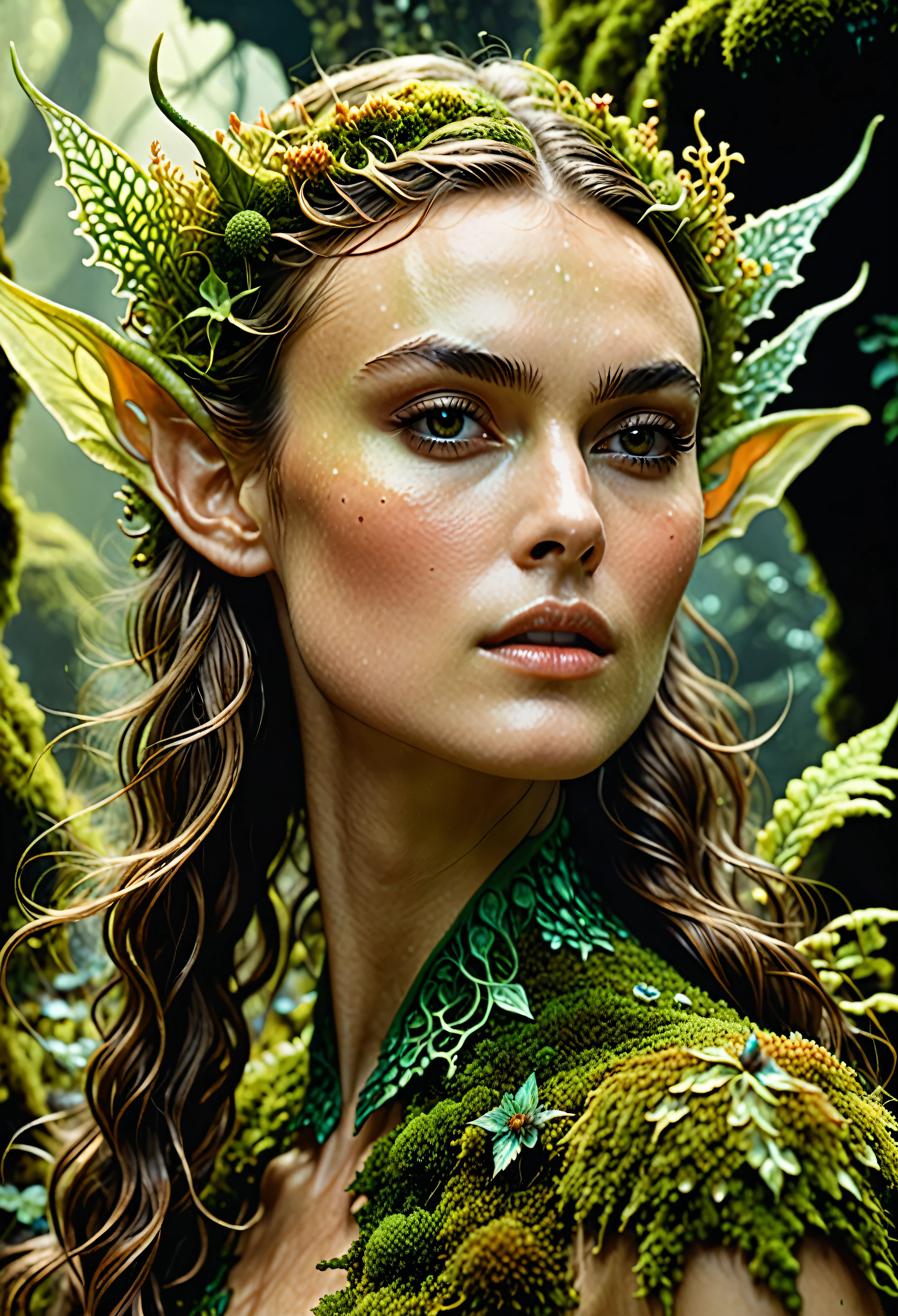 Looks like Keira Knightley, Closeup of a Surreal moss Elf with pointy ears in the styles of Ernst Haeckel, Arthur Rackham, Roger Dean, Jeff Wall, by Wolfgang Tillmans, Brooke Shaden $etching drawing illustration$ resin
detailed matte painting, deep color, fantastical, intricate detail, splash screen, complementary colors, fantasy concept art, 8k resolution trending on Artstation Unreal Engine 5