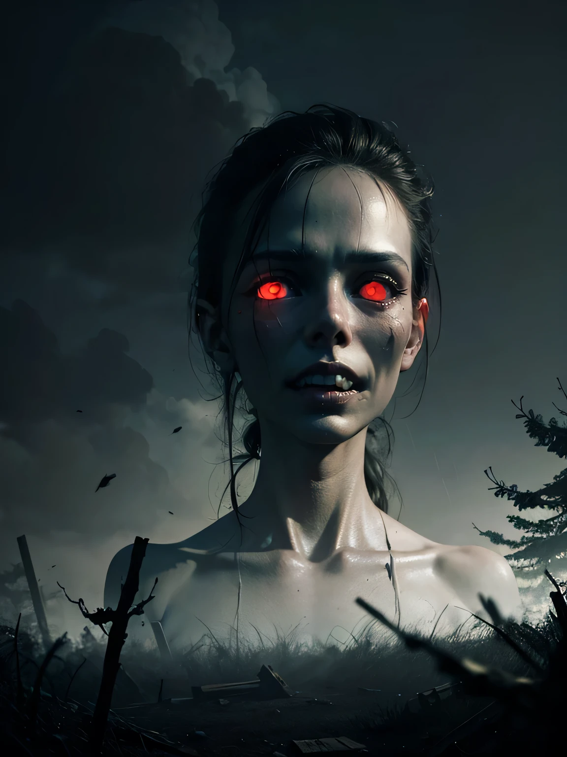 (best quality,4k,8k,highres,masterpiece:1.2),ultra-detailed,(realistic,photorealistic,photo-realistic:1.37),horror,small girl asian zombie,garden background,sharp focus,natural lighting,vivid colors,gruesome makeup,long black hair,eerie atmosphere,creepy expression,frightening eyes,rotting flesh,worn-out clothes,mysterious shadows,decaying flowers,foggy ambiance,dripping blood,unsettling silence,abandoned playground,haunting presence,ominous clouds,undead appearance, and desolate scene,sinister aura,spooky aesthetic,nighttime setting,claw-like hands,intricate facial details,menacing smile,anime-inspired elements,horror movie vibes,rainy weather,ghostly figures,horror story illustration,dark and disturbing concept,accidental yet artistic,unsettlingly unique,beautifully terrifying.