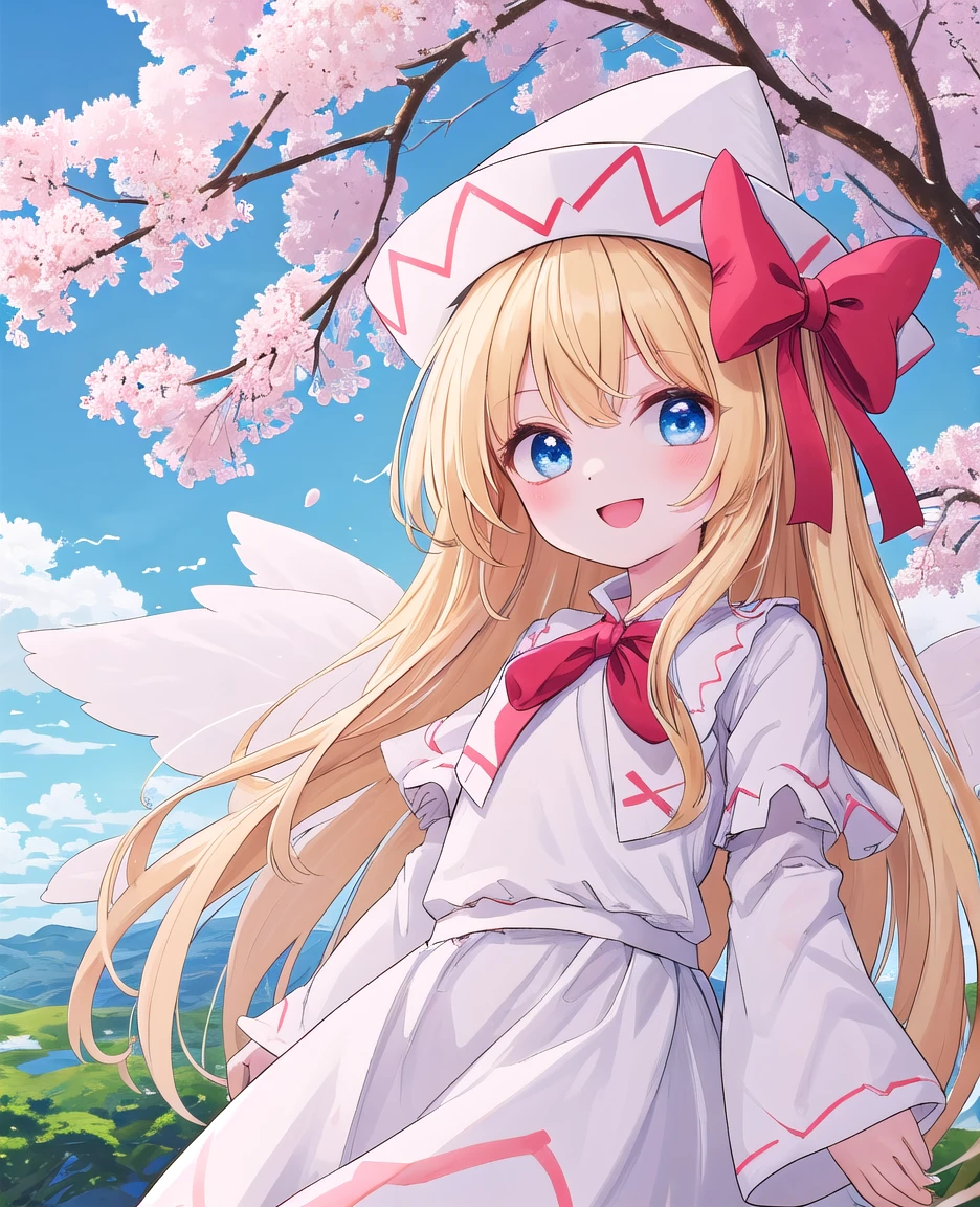 masterpiece, best quality, lily white,touhou, long hair,blonde hair,white hat with red pattern,ｐerfect lighting,white dress,white sleeves,blue eyes,wings, standing,detailed clothing 1:2,cherry blossoms, blue sky,clear sky,spring \(season\),flat chest,looking at viewer,spread arms1:2,A big smile,Close-up,fun