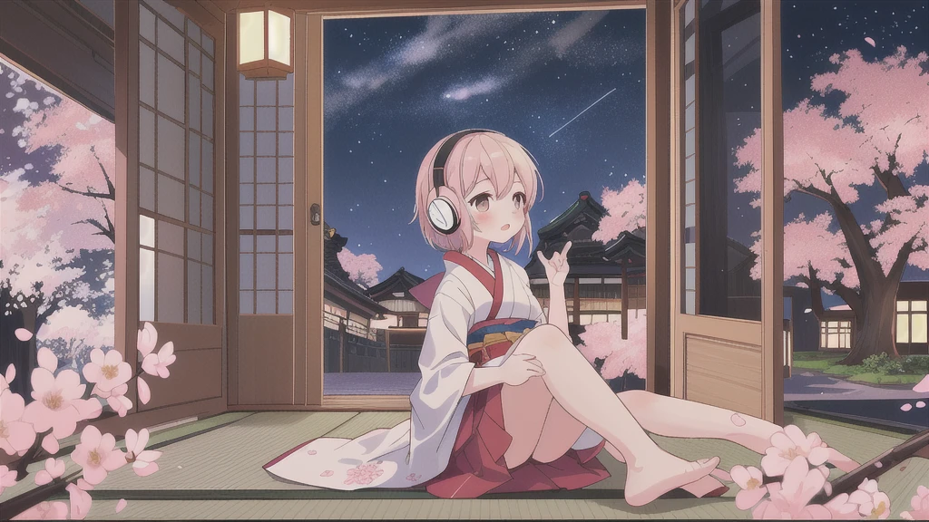 Young girl sitting by the window in a room and listening to music on headphones, Outside the window, a cherry blossom tree under the starry sky々is spreading. Capture the beauty and serenity of this scene, Flowers in the moonlight々. Japan