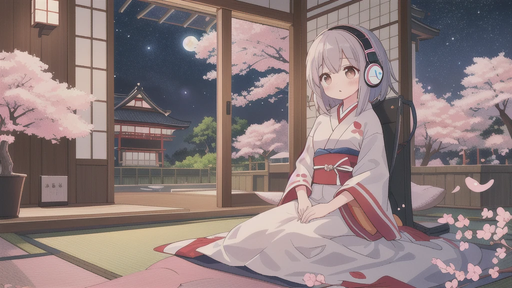 Young girl sitting by the window in a room and listening to music on headphones, Outside the window, a cherry blossom tree under the starry sky々is spreading. Capture the beauty and serenity of this scene, Flowers in the moonlight々. Japan