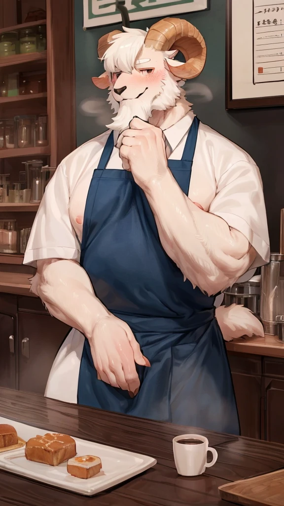 (Best quality: 1.0), (Super High Resolution: 1.0), (masterpiece, best quality:1.2), detailed, detailed hands, detailed eyes, score_9, score_8_up, score_7_up, furry, anthro, ((ram)), ((solo)), grandpa, (about 70 years old), (manly), curved horns, handsome face, huge, bangs, white beard, beard above mouth, fluffly fur, nipples, looking pleasured, sexually, sexy pose, SFW, coffee shop, (apron), flaccid, in heat, panting, sweat, sweaty, musk, (skinny, shy), hands touching, (looking at viewer, shy), blushes:0.3, close up view, (by bebebebebe, by syuro)