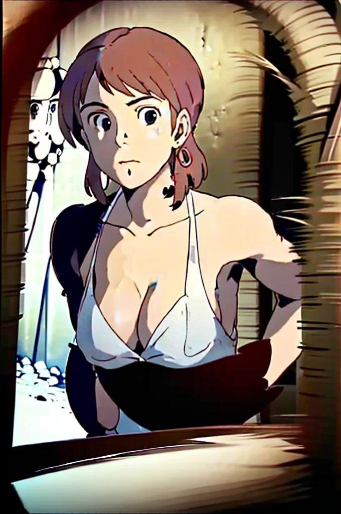 Toki, 1 girl, alone, cute, shy, (Camera eye line)、Red earrings, Brown Hair, (Watching from afar, Cleavage), Upper Body, (White Bikini), sit, On the floor, (Perfectly detailed anatomy, Beautiful Face&eye)
