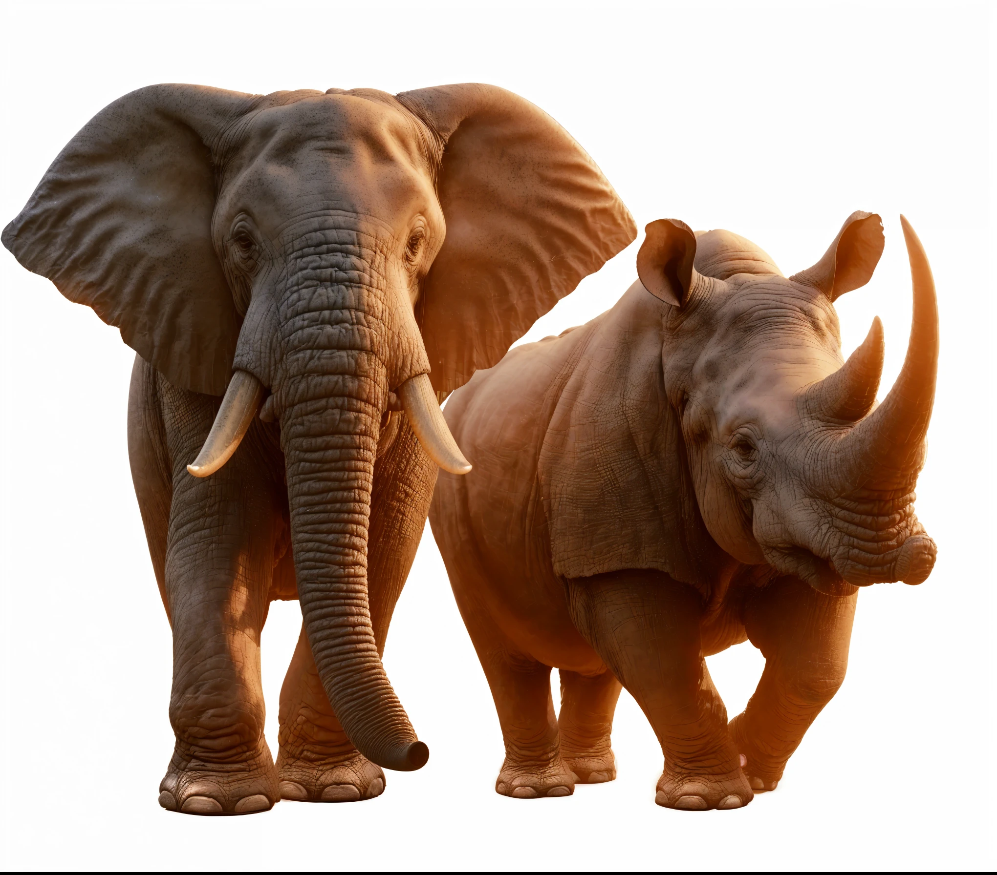 elephants are standing next to each other on a white background, rhino rendered, rhinoceros 3d, rino, african elephants in the jungle, tusks, elephants, rhino, extremely realistic, depicted as a 3 d render, very very realistic, highly rendered, by Harold von Schmidt, very very very realistic, incredibly realistic, by Tom Wänerstrand