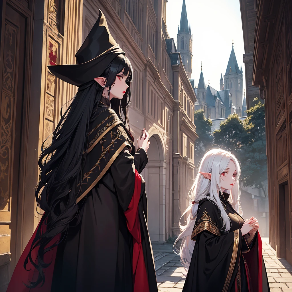 A black-haired girl with white skin, big red lips, a black cloak with golden embroidery, and an elf man with long golden hair, a black robe up to his knees, who is leaning against the castle wall and looking at the girl from behind, and the air is dark.