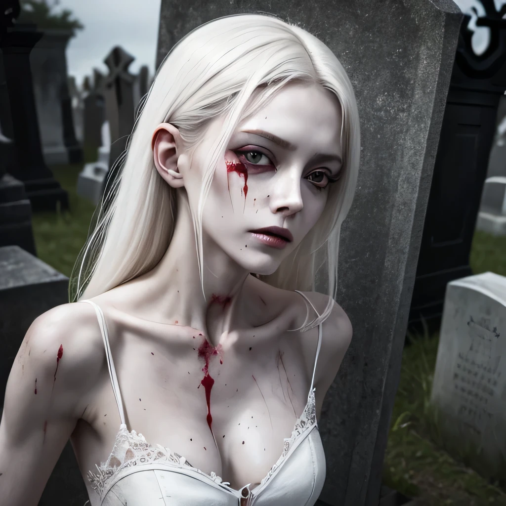 corpse, sinister, female, thin, pale, looking at the camera, ultra realistic, fully detailed, cemetery environment, bright eyes, white dress torn and stained with blood, bones exposed, putrid wounds, sensual, terrifying, bruised by the body, exposed fracture in the collarbone, slight smile, super detailed, white eyes,gun shots in the body,