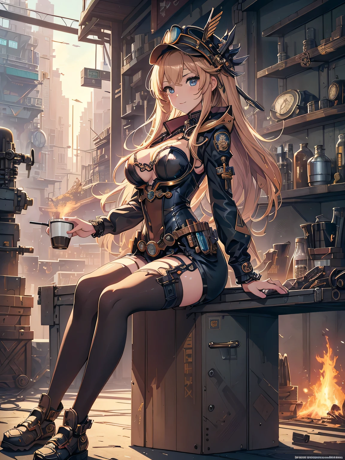 (Line art_anime),(full body, highest quality, ),(Laura Budd Photos:1.2),(Laura Add details:1.0),8k, Flat Color:0.8,1 girl,smile,(Highly decorative and complex mechanical steampunk fashion, Lace flare dolphin hat、goggles、(Sitting on a toolbox drinking coffee)、machinery background、Gear background、An elaborately mechanized steampunk cityscape 1.5)
