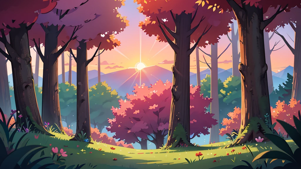 4k ultra HD, twilight sun just below the horizon landscape, very detailed, perfect lighting, a beautiful forest purple, orange, pink trees, red flowers, lush green grass, a giant massive trunk of tree in the distance