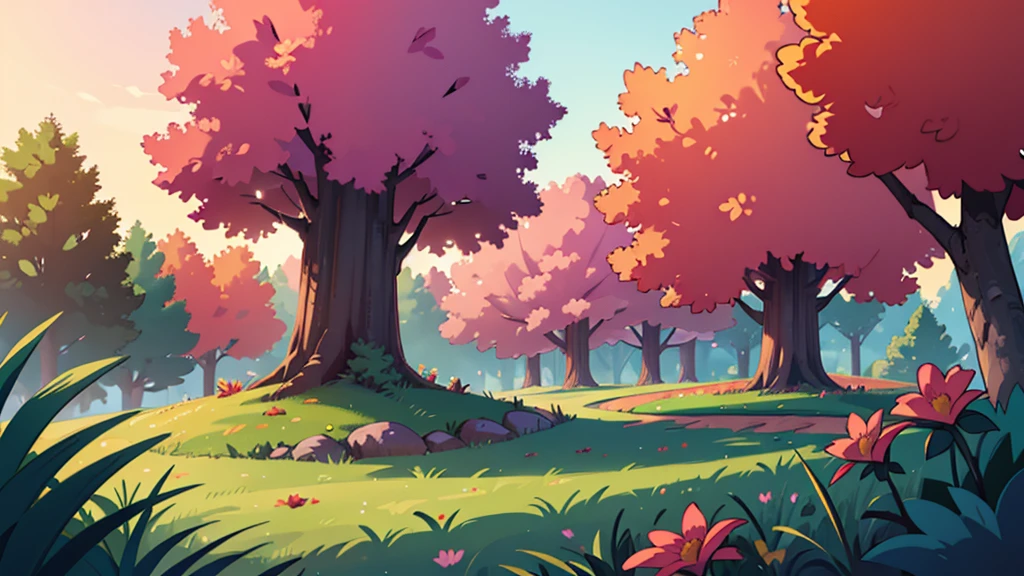 4k ultra HD, twilight sun just below the horizon landscape, very detailed, perfect lighting, a beautiful forest purple, orange, pink trees, red flowers, lush green grass, a giant massive trunk of tree in the distance
