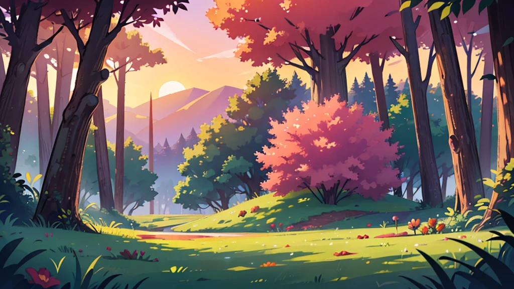 4k ultra HD, twilight sun just below the horizon landscape, very detailed, perfect lighting, a beautiful forest purple, orange, pink trees, red flowers, lush green grass, a giant massive trunk of tree in the distance