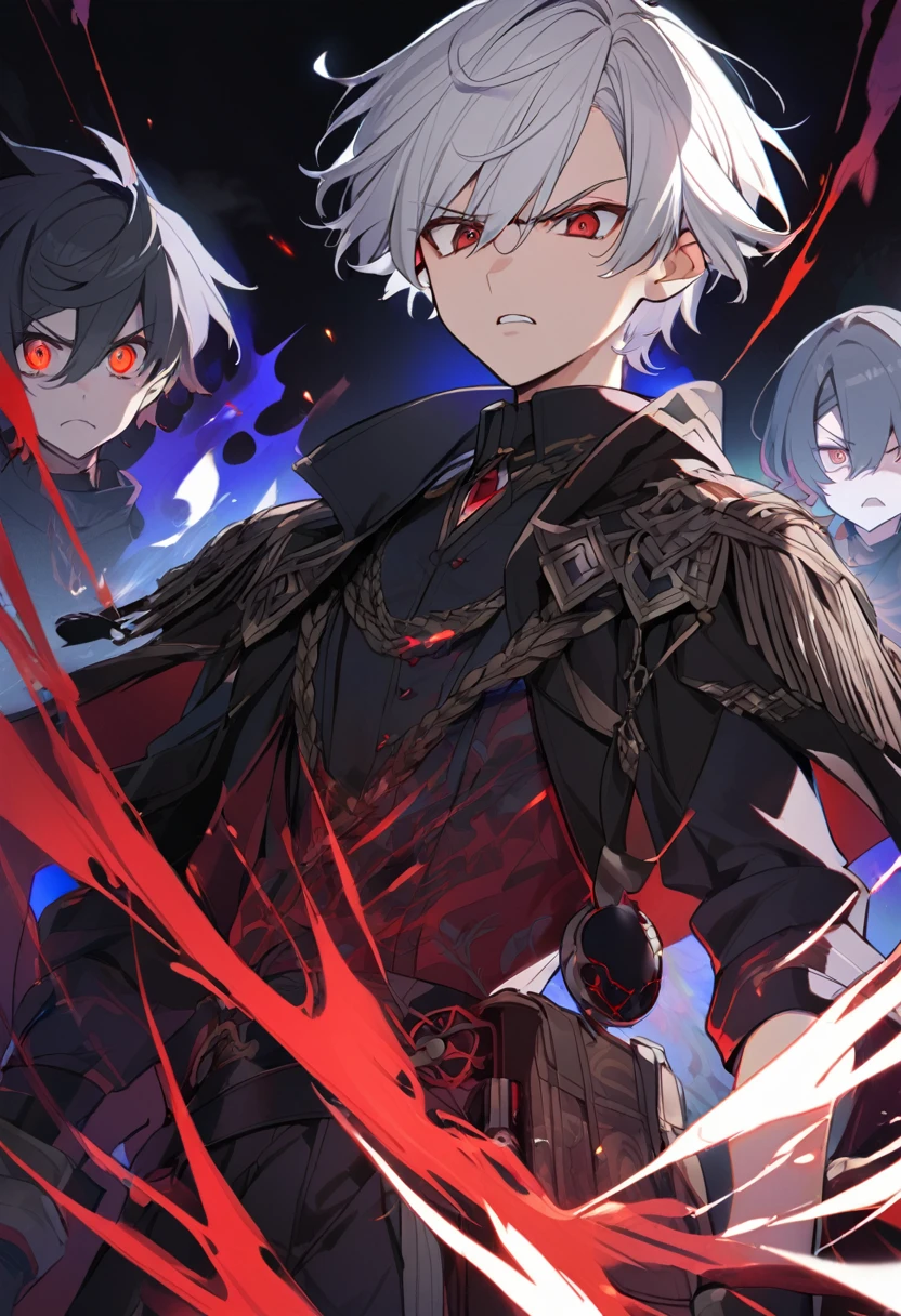 1 , handsome, dark aura, angry, red eyes, white hair, short hair, small